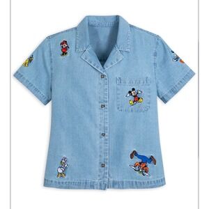 Disney Denim Button Front Shirt Mickey Minnie Goofy Daisy Embroidered XL